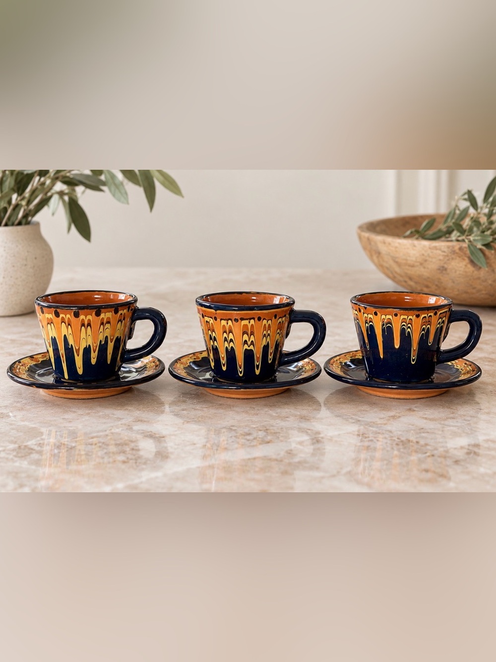 Vintage Bulgarian Troyan Pottery Coffee Set 3 Cups Saucers Drip Glaze Folk Art